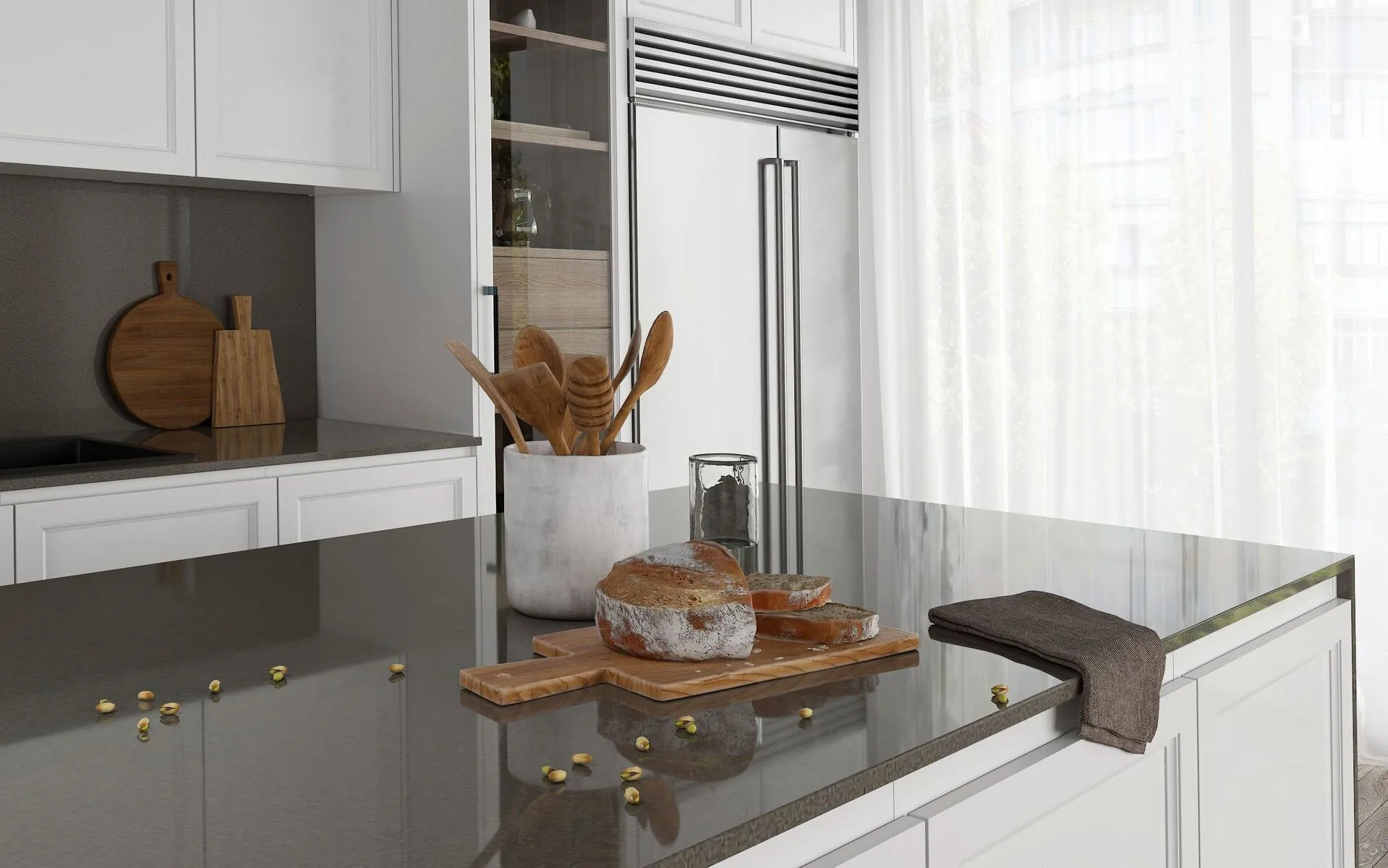 Image of installed Vicostone Smokey Quartz countertops