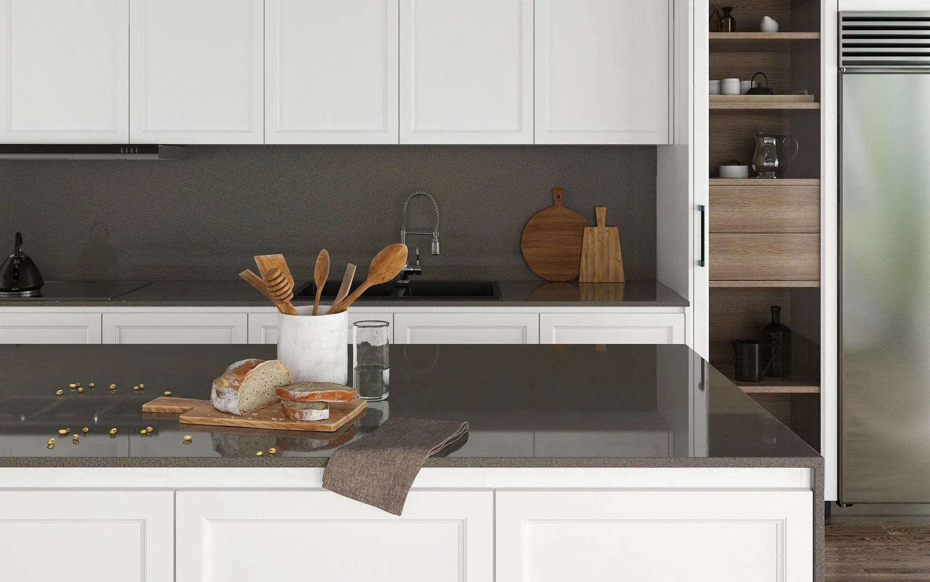 Image of installed Vicostone Smokey Quartz countertops