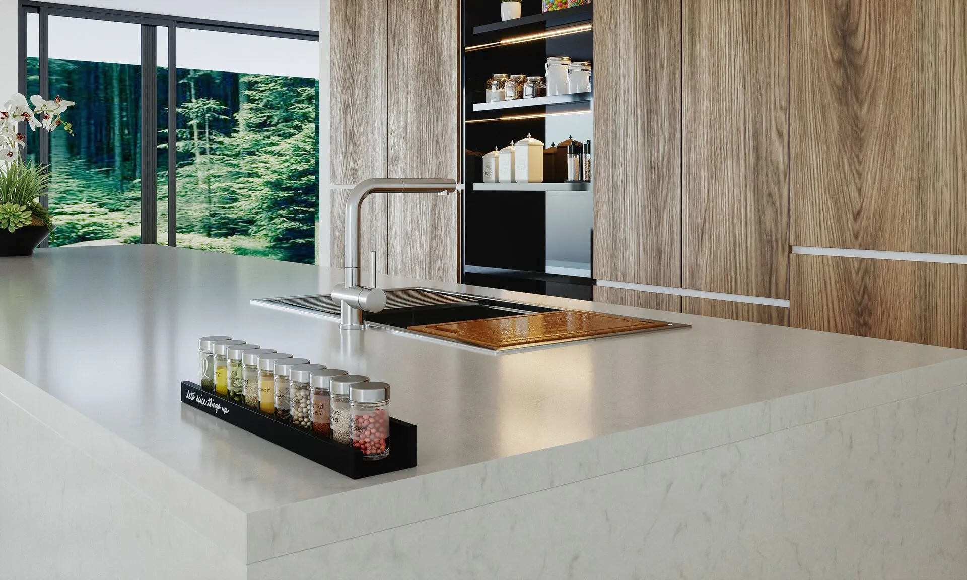 Image of installed Vicostone Carrara Quartz countertops