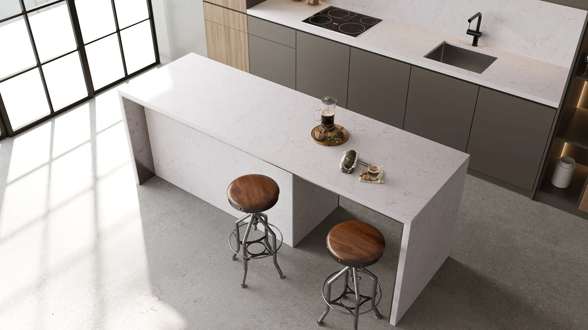Image of installed Vicostone Denali Quartz countertops