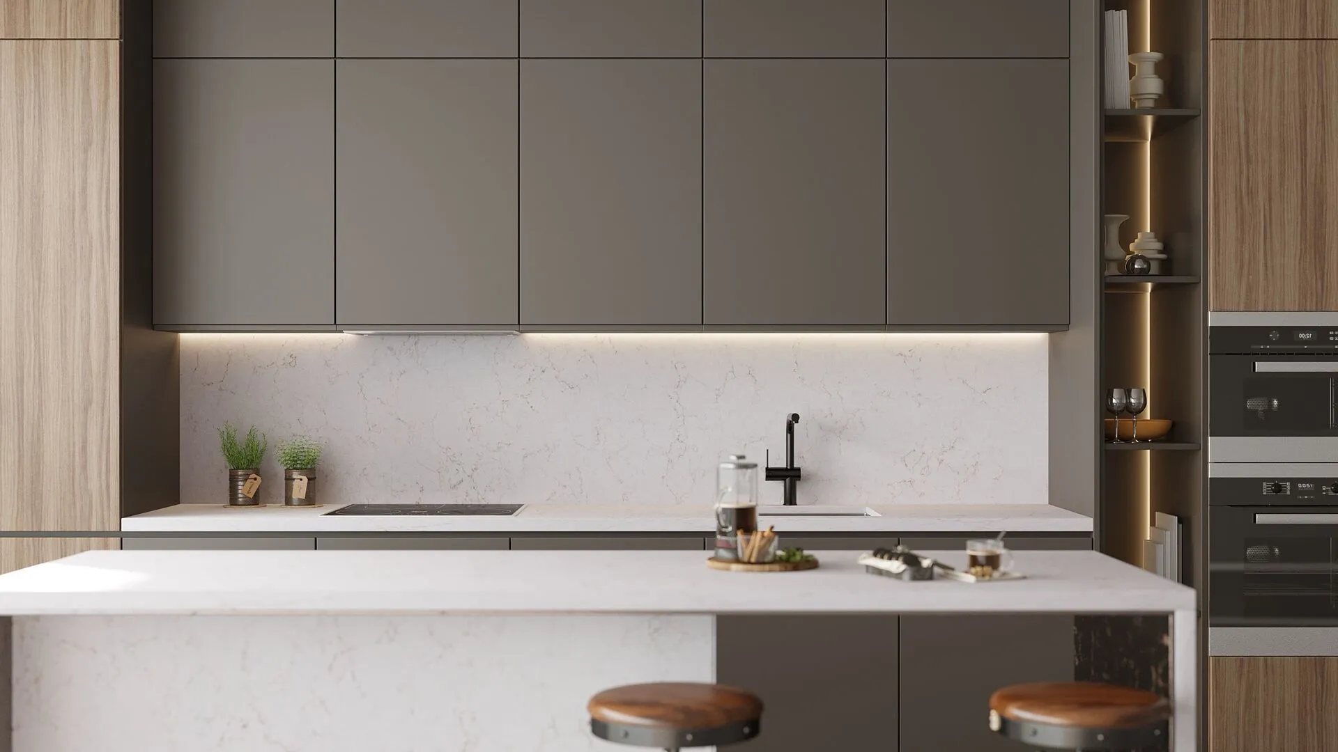 Image of installed Vicostone Denali Quartz countertops