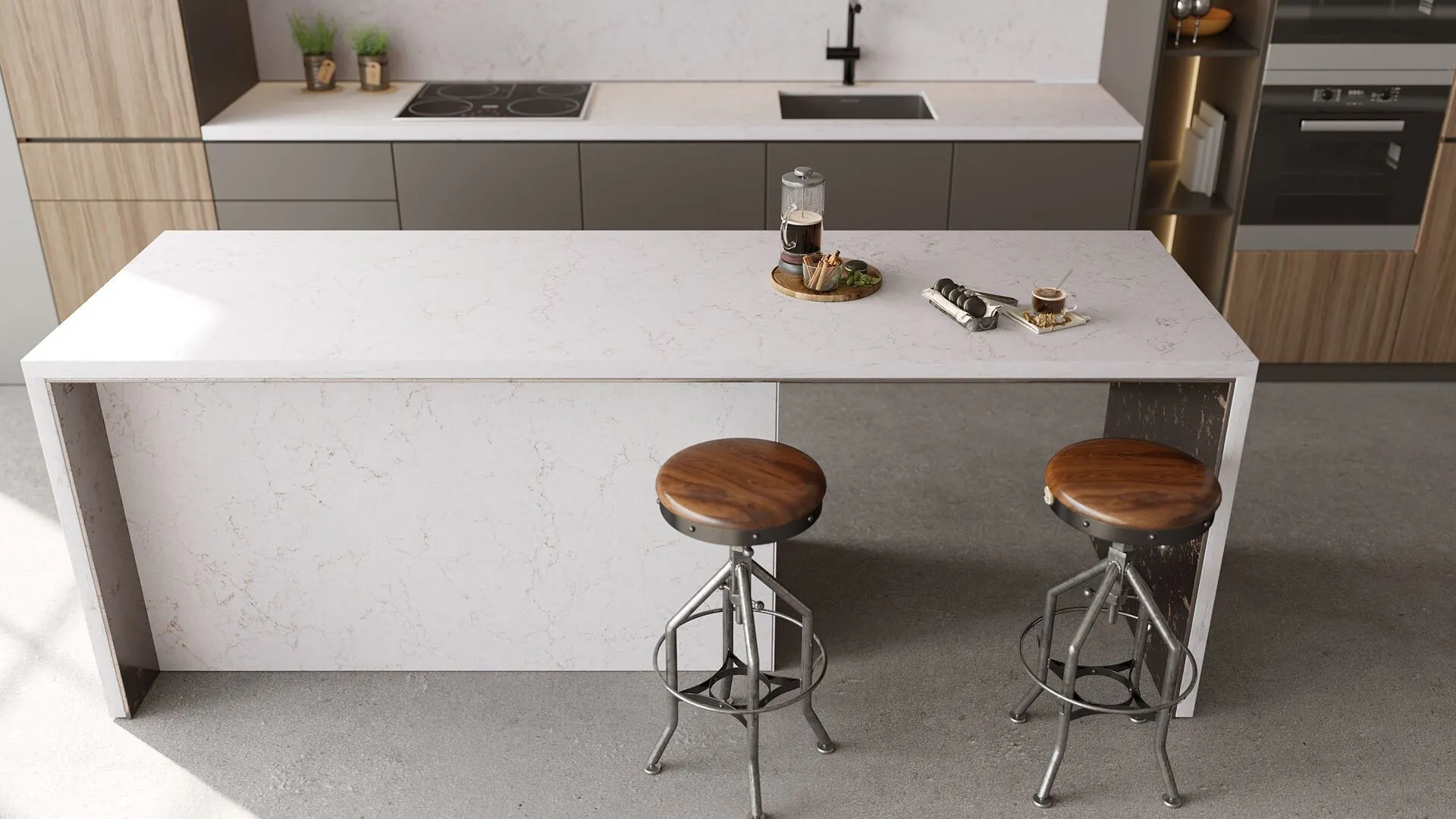 Image of installed Vicostone Denali Quartz countertops