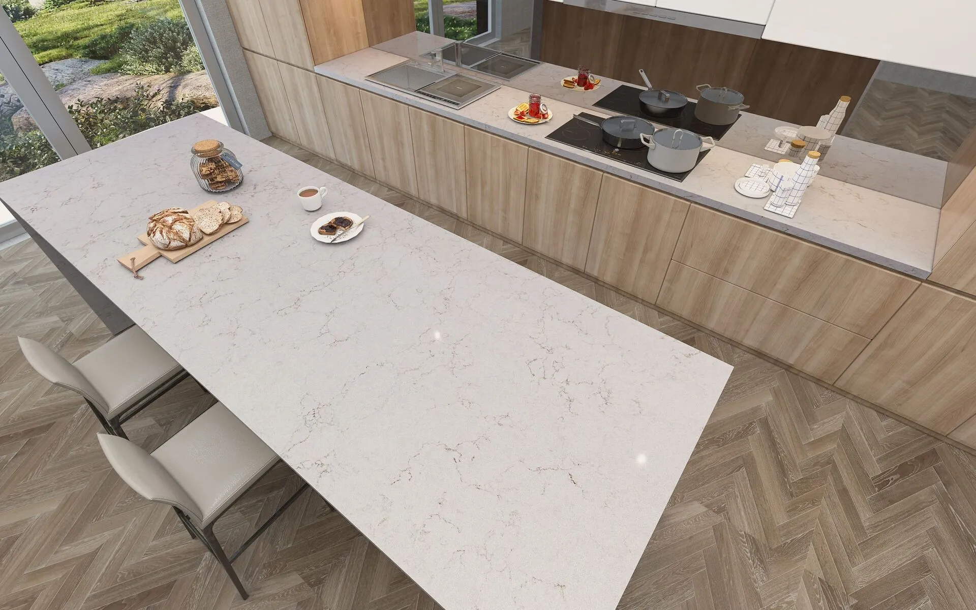Image of installed Vicostone Denali Quartz countertops