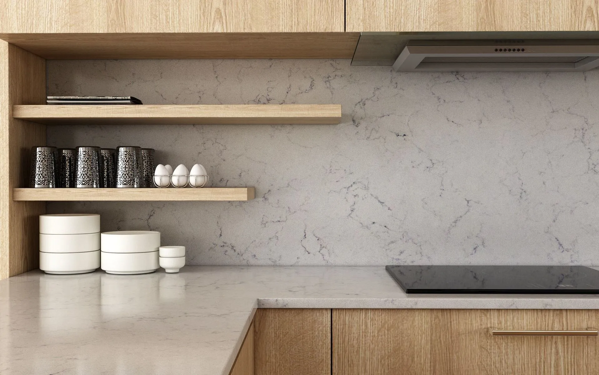 Image of installed Vicostone Valley White Quartz countertops