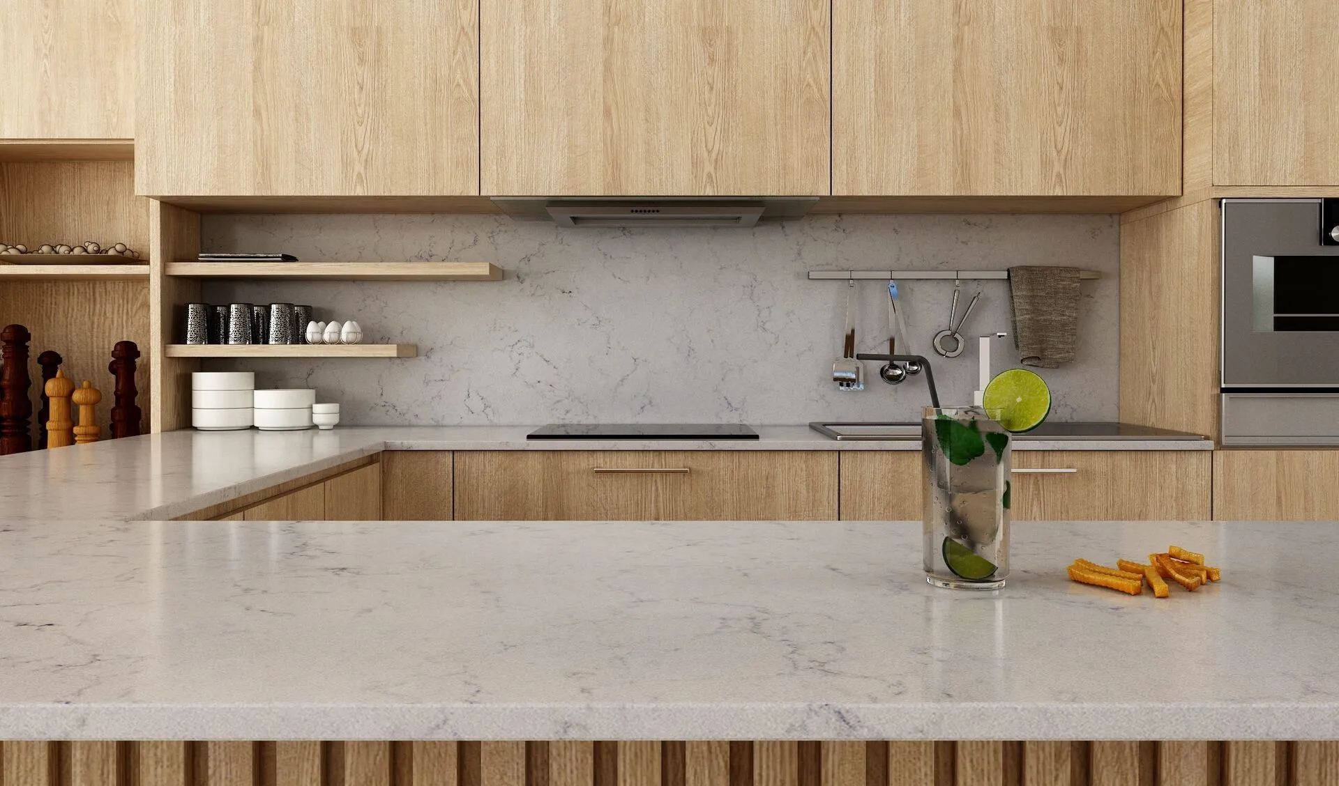 Image of installed Vicostone Valley White Quartz countertops