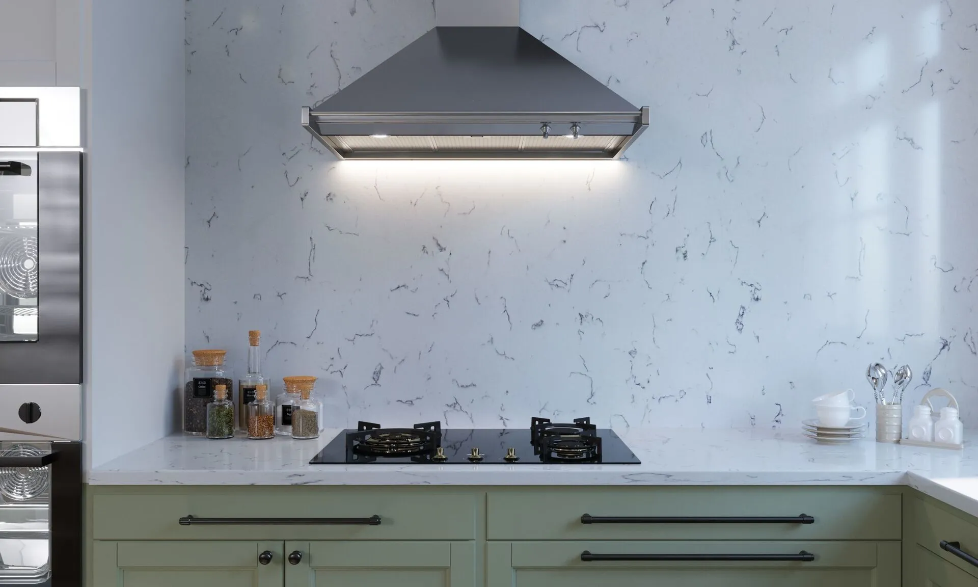 Image of installed Vicostone Ventisca Quartz countertops