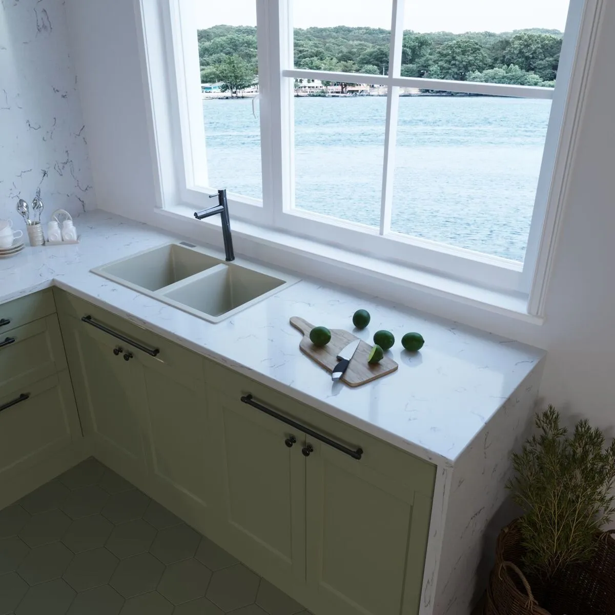 Image of installed Vicostone Ventisca Quartz countertops