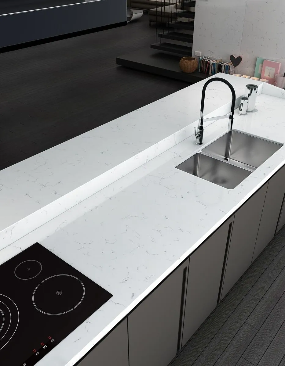 Image of installed Vicostone Ventisca Quartz countertops