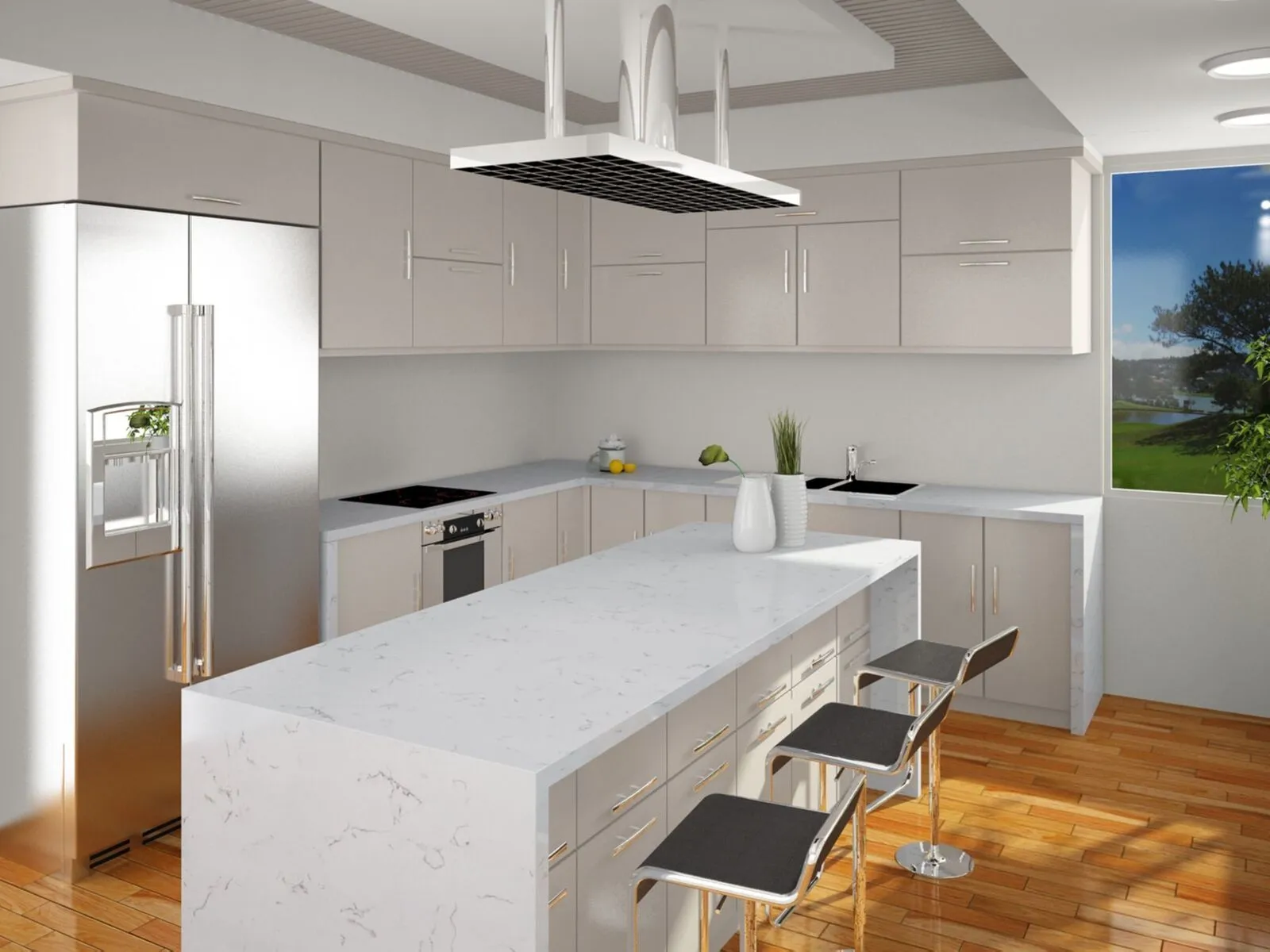 Image of installed Vicostone Ventisca Quartz countertops
