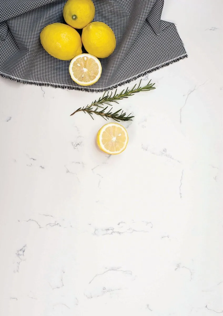 Image of installed Vicostone Ventisca Quartz countertops