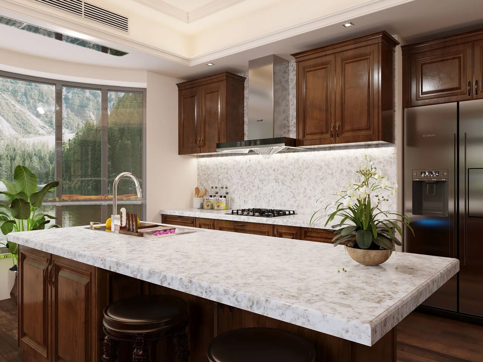 Image of installed Vicostone Alaska White Grey Quartz countertops