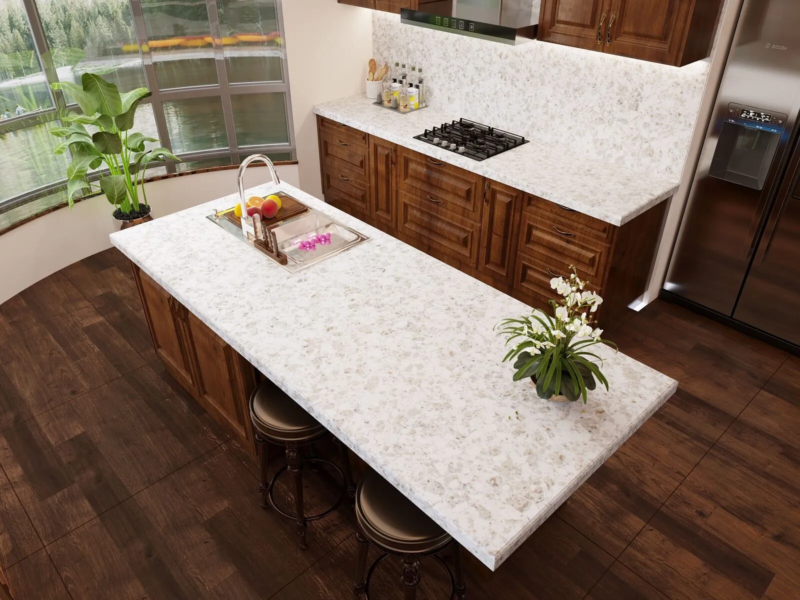Image of installed Vicostone Alaska White Grey Quartz countertops