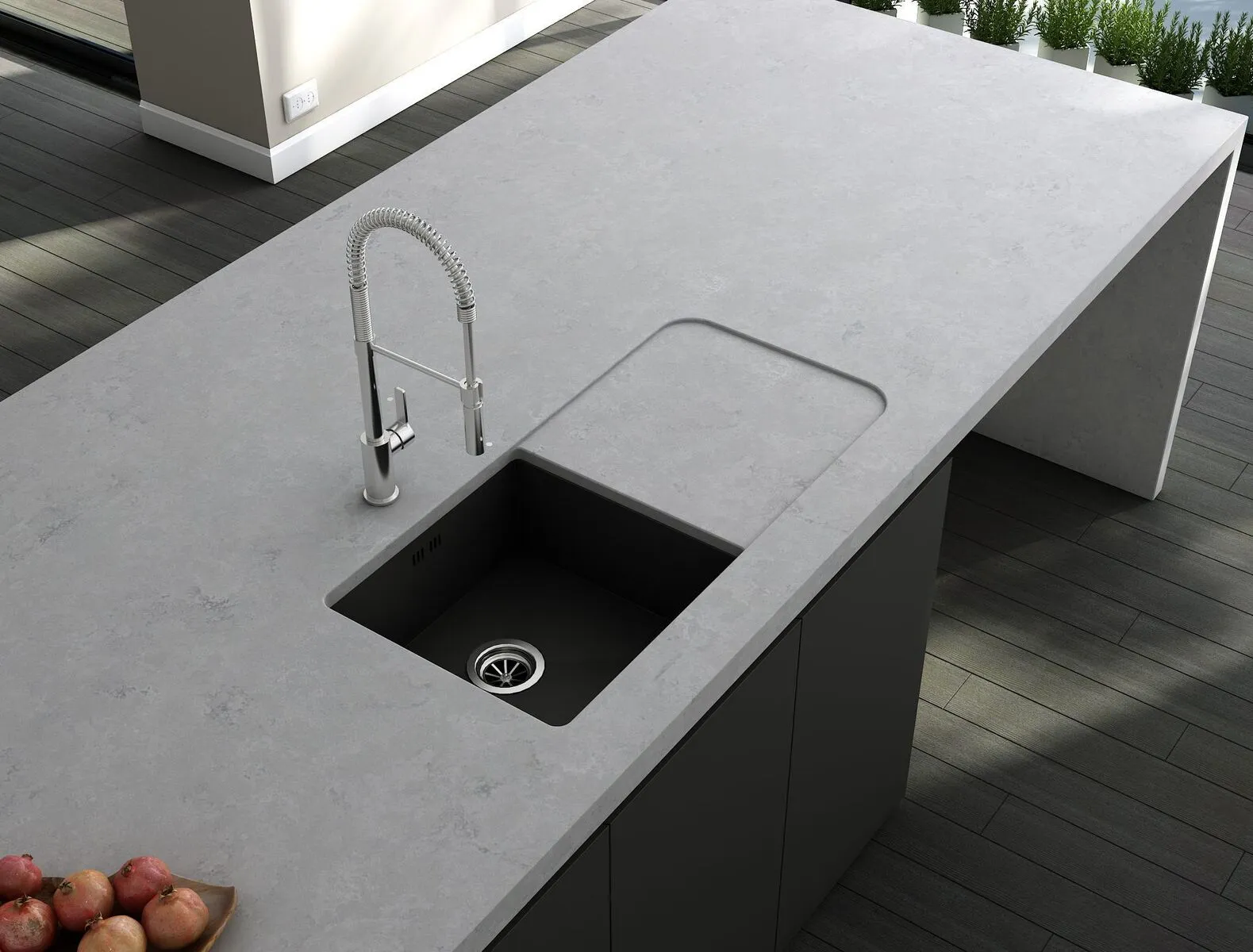 Image of installed Vicostone Concreto Quartz countertops