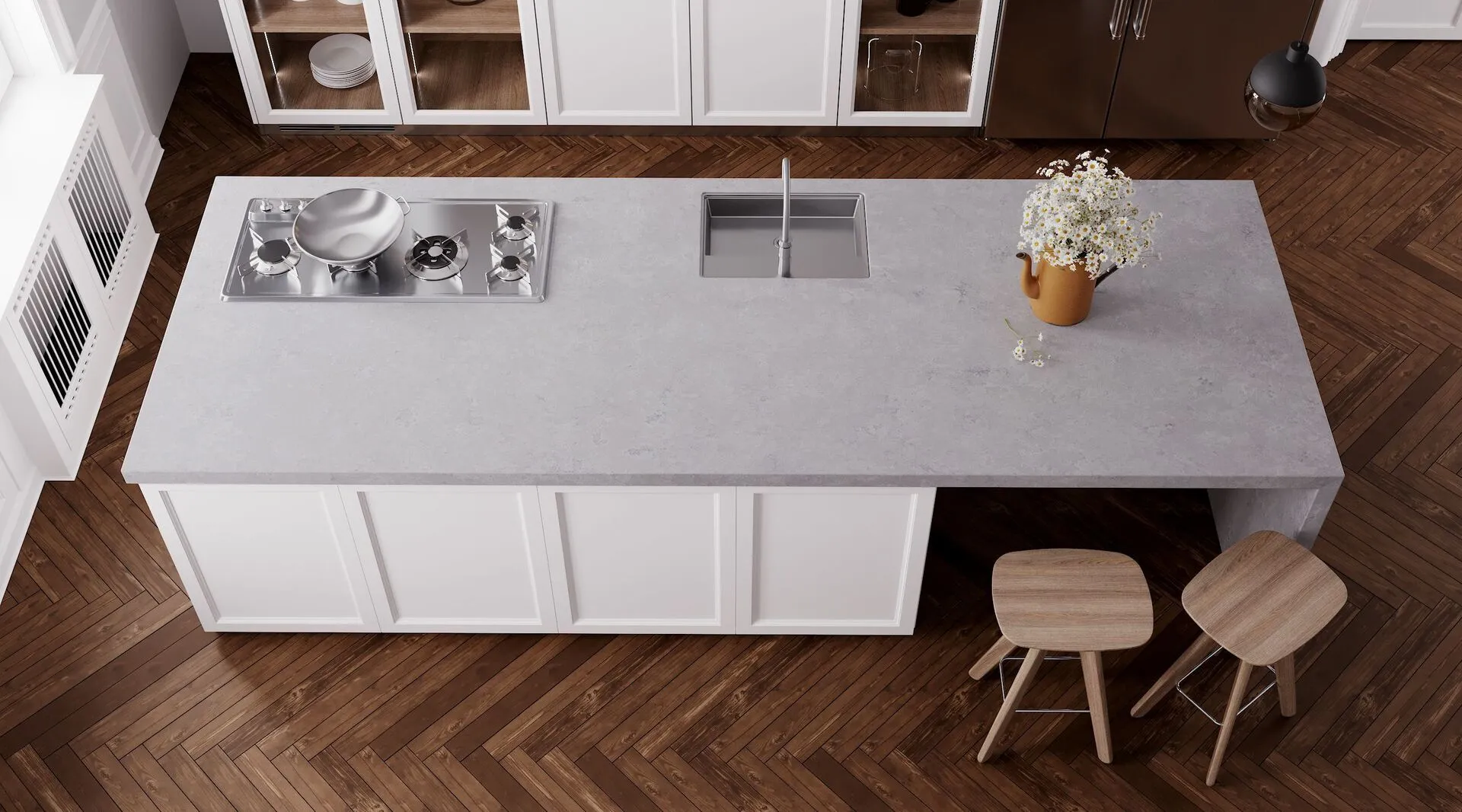 Image of installed Vicostone Concreto Quartz countertops