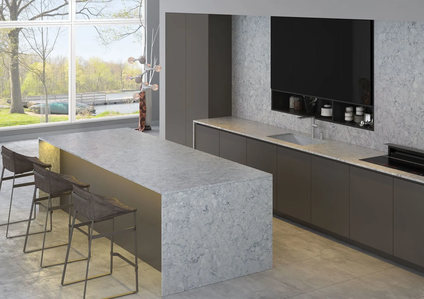 Image of installed Vicostone Eclipse White Quartz countertops
