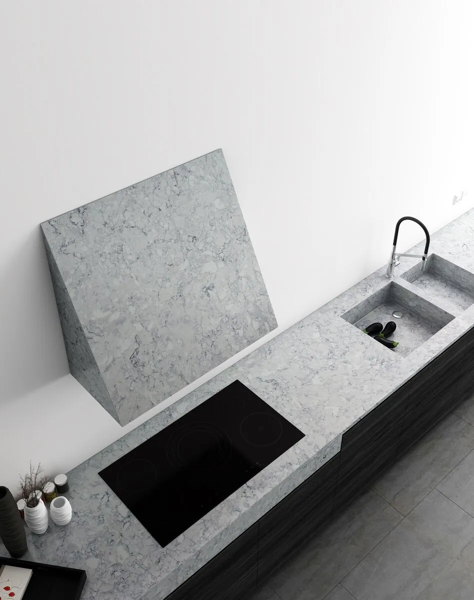 Image of installed Vicostone Eclipse White Quartz countertops