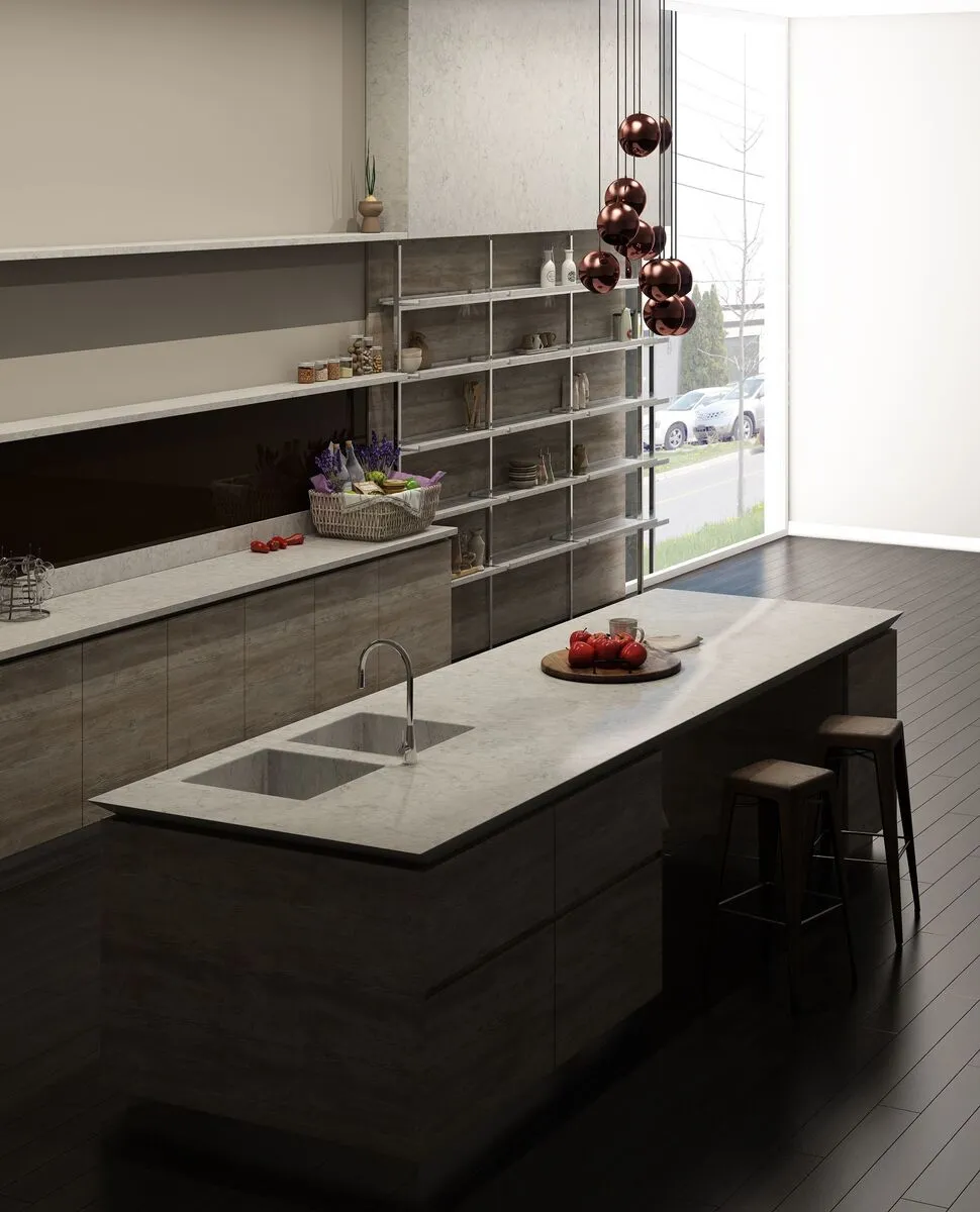 Image of installed Vicostone Eclipse White Quartz countertops