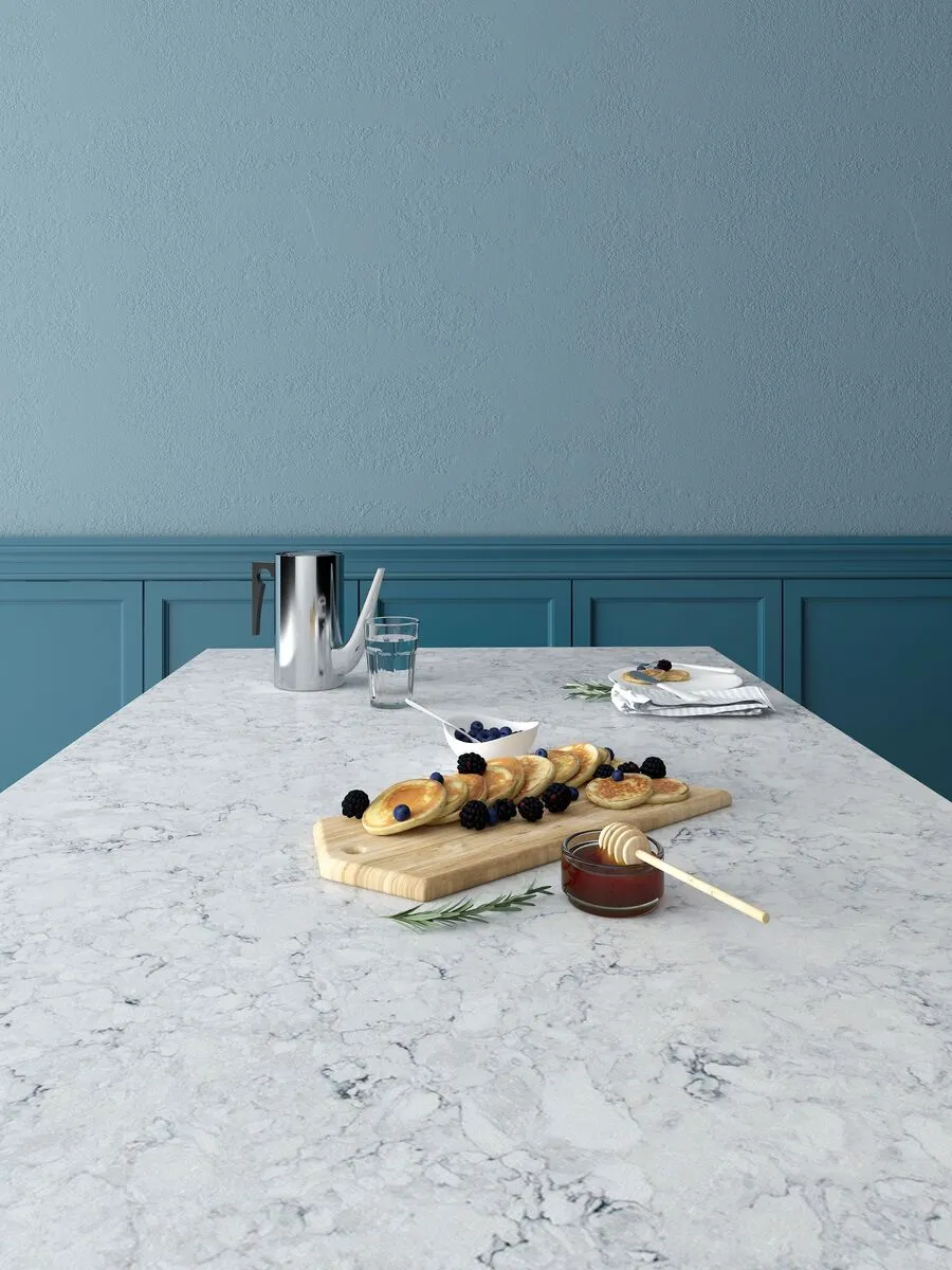 Image of installed Vicostone Eclipse White Quartz countertops