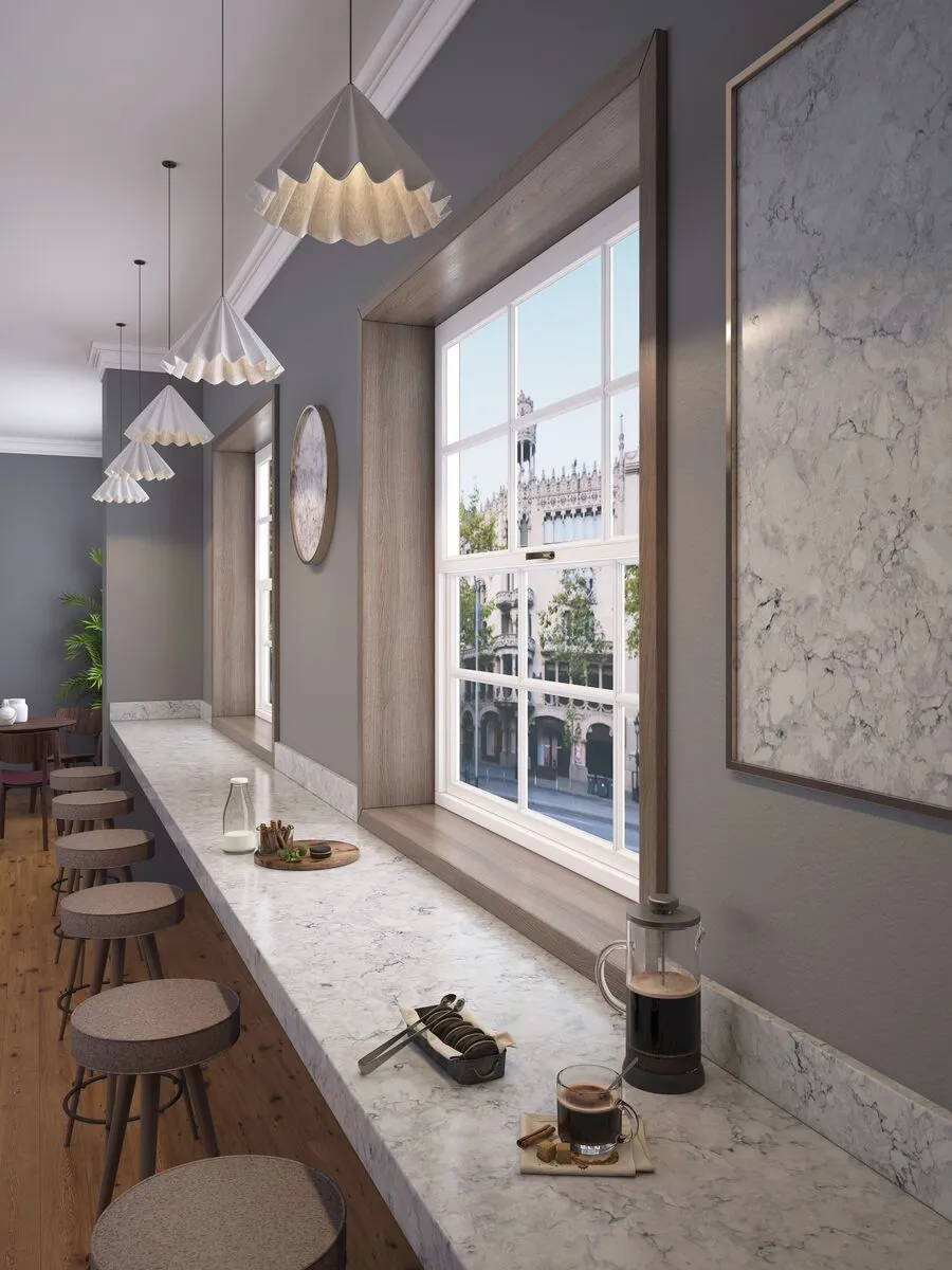 Image of installed Vicostone Eclipse White Quartz countertops