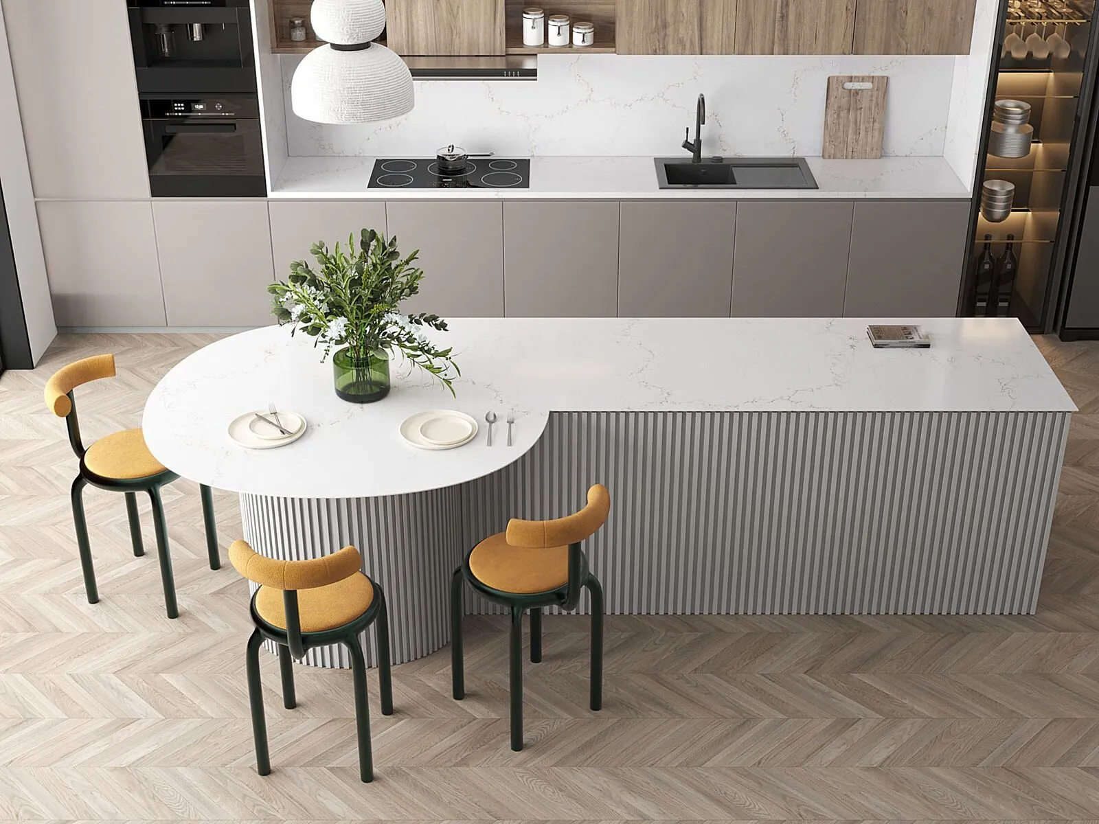 Image of installed Vicostone Misterio Quartz countertops