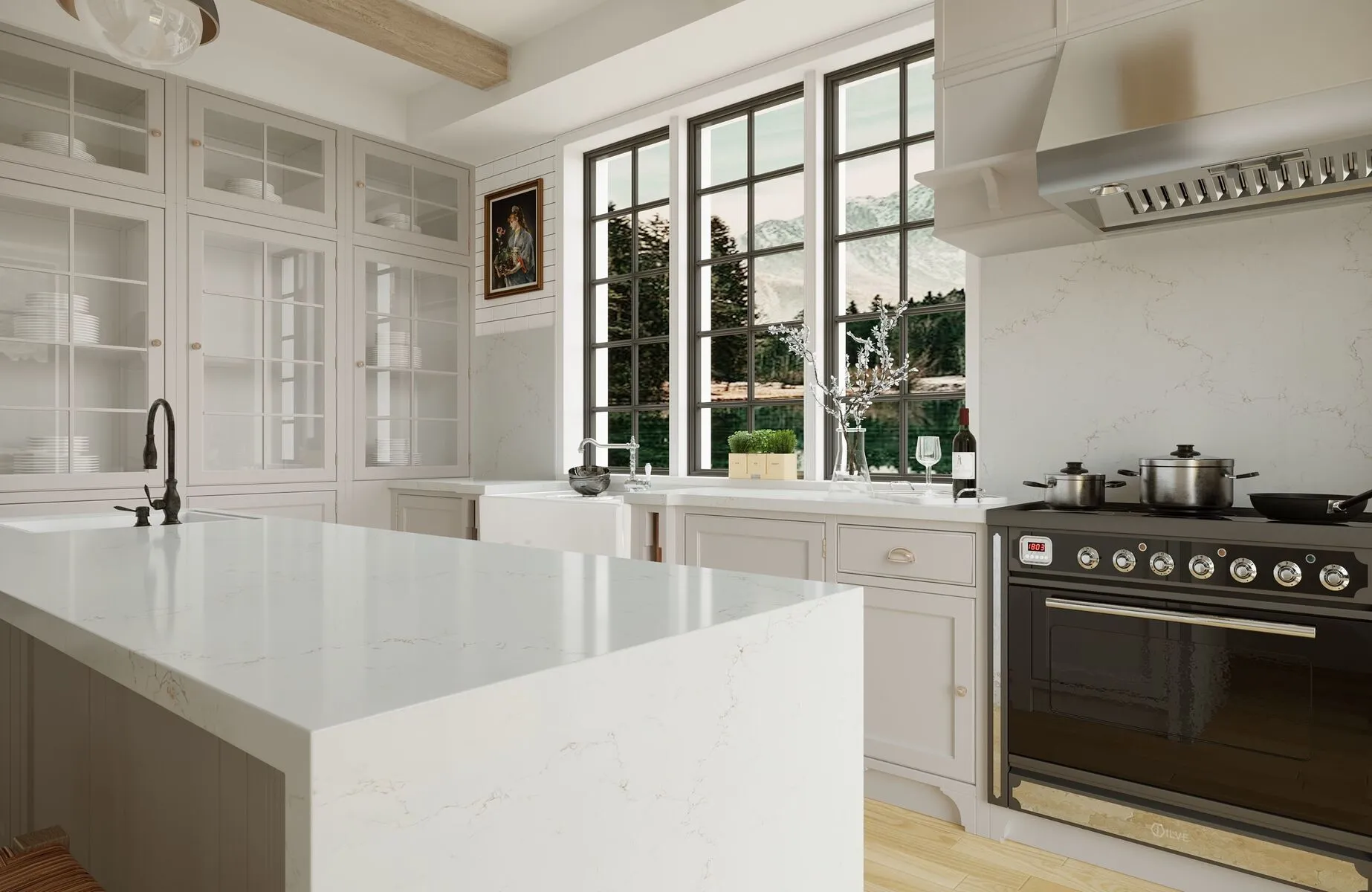 Image of installed Vicostone Misterio Quartz countertops