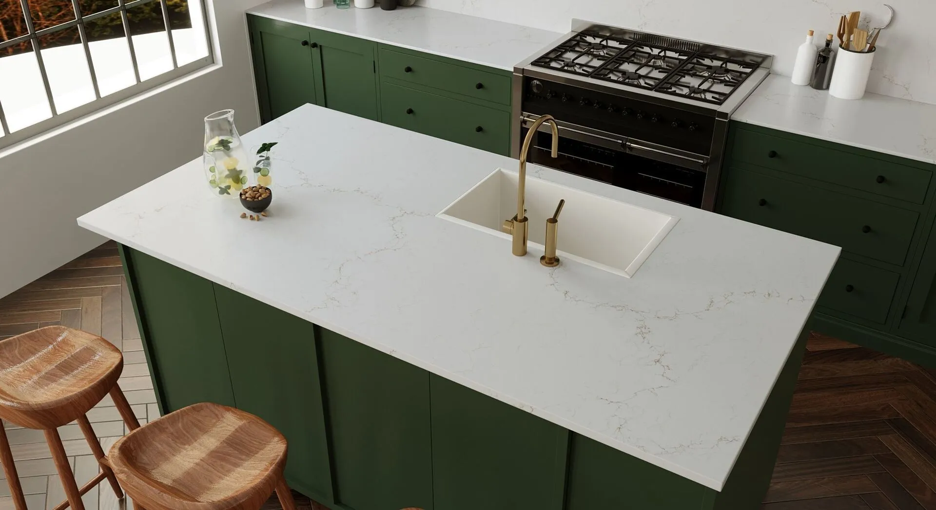 Image of installed Vicostone Misterio Quartz countertops