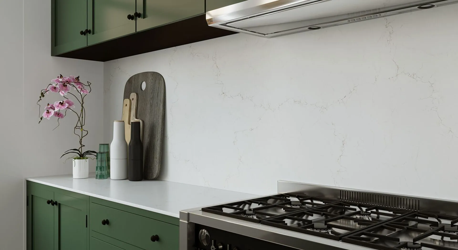 Image of installed Vicostone Misterio Quartz countertops