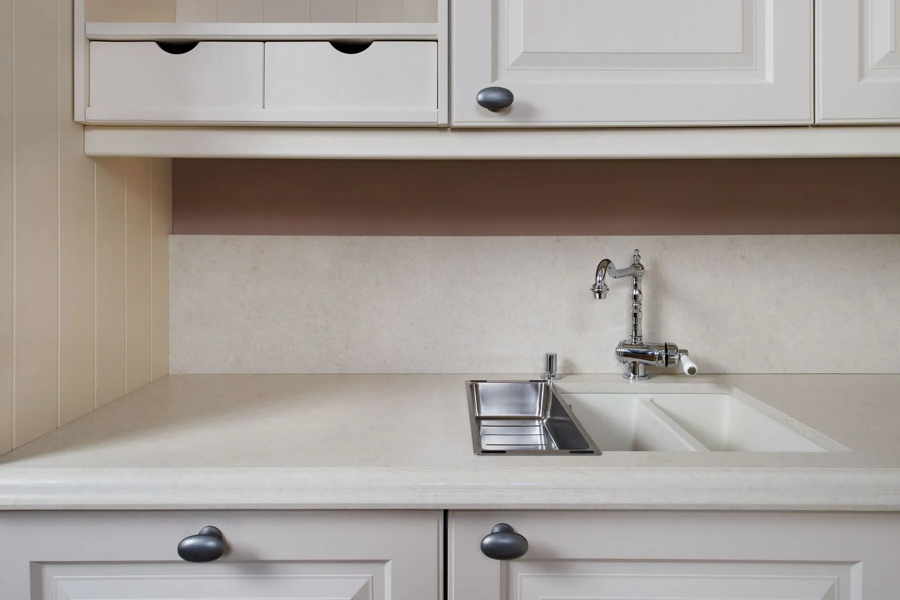 Image of installed Vicostone Taj Mahal Grey Quartz countertops