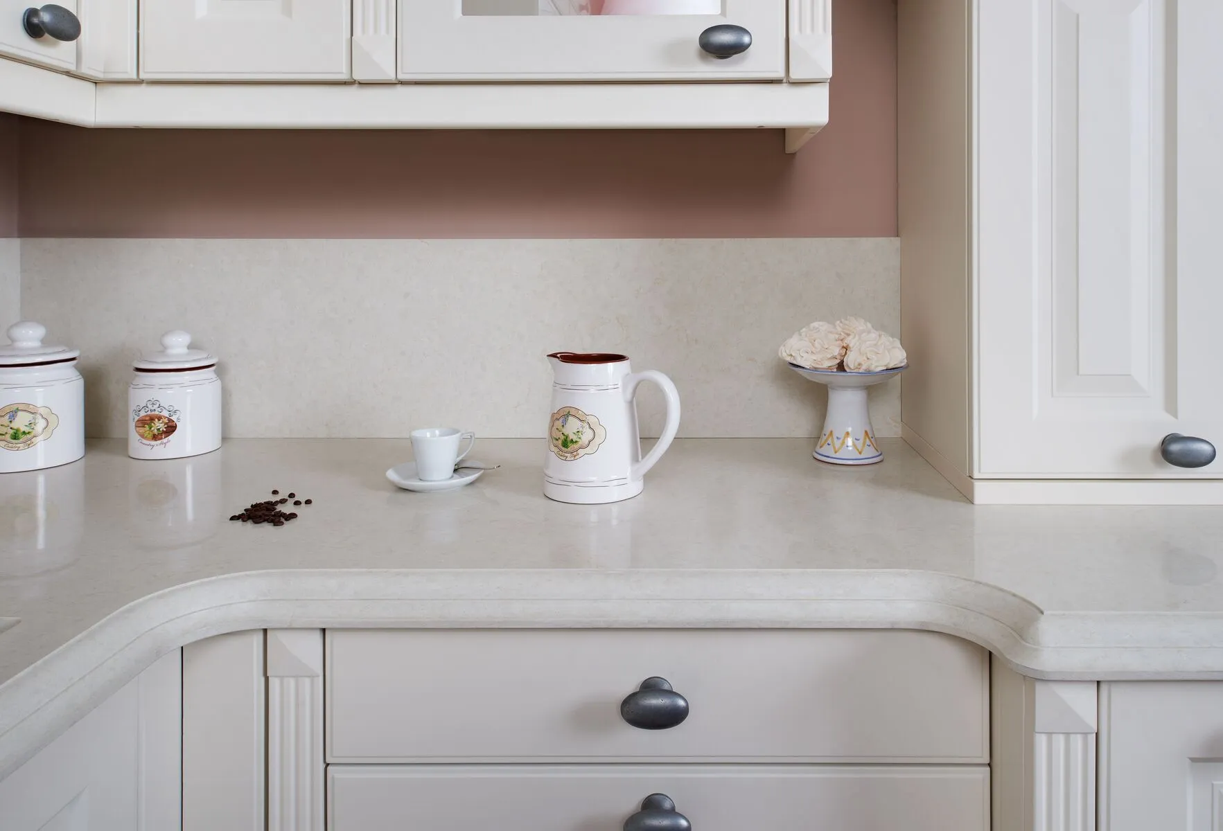 Image of installed Vicostone Taj Mahal Grey Quartz countertops