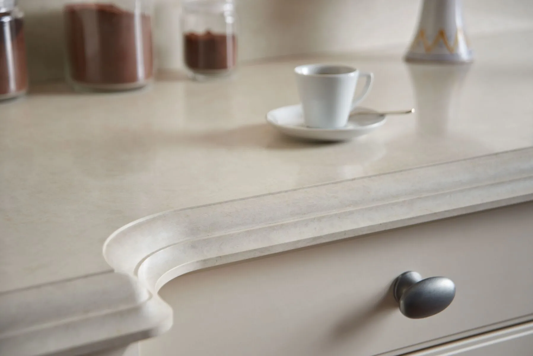Image of installed Vicostone Taj Mahal Grey Quartz countertops