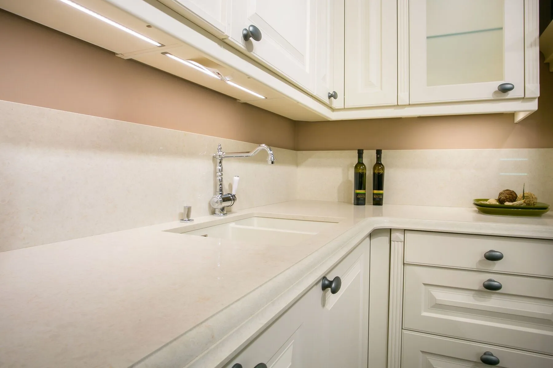 Image of installed Vicostone Taj Mahal Grey Quartz countertops