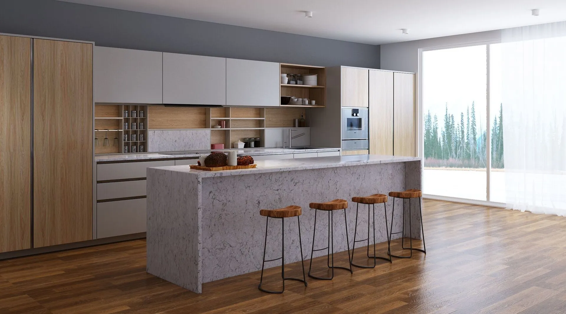 Image of installed Vicostone Argento Grey Quartz countertops