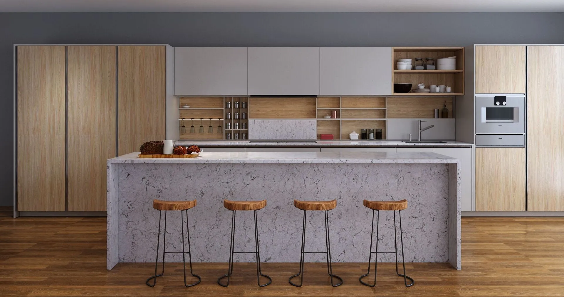 Image of installed Vicostone Argento Grey Quartz countertops