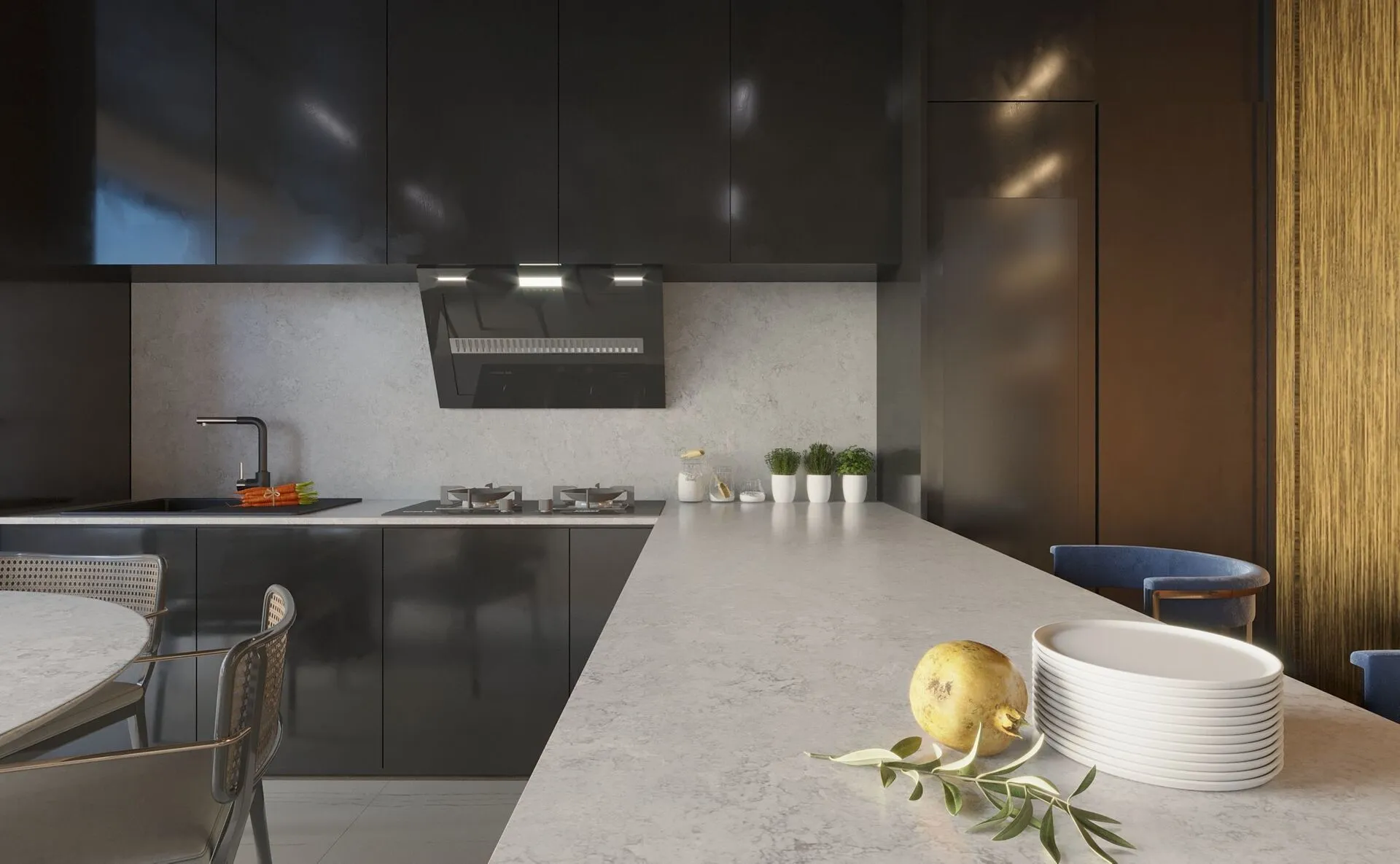 Image of installed Vicostone Naxos Quartz countertops