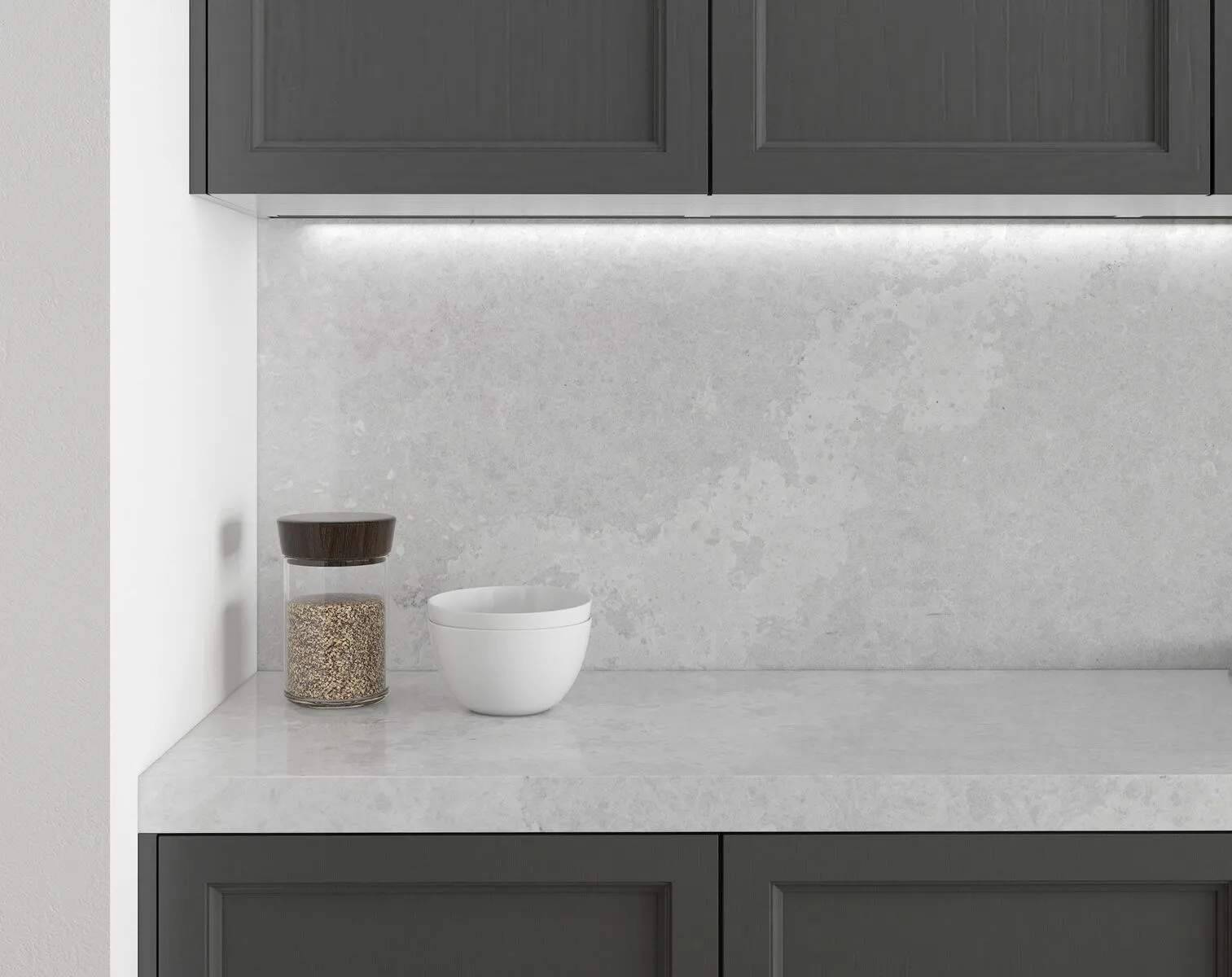 Image of installed Vicostone Olympus White Grey Quartz countertops