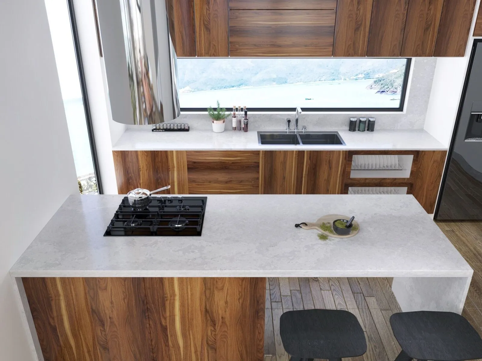 Image of installed Vicostone Olympus White Grey Quartz countertops