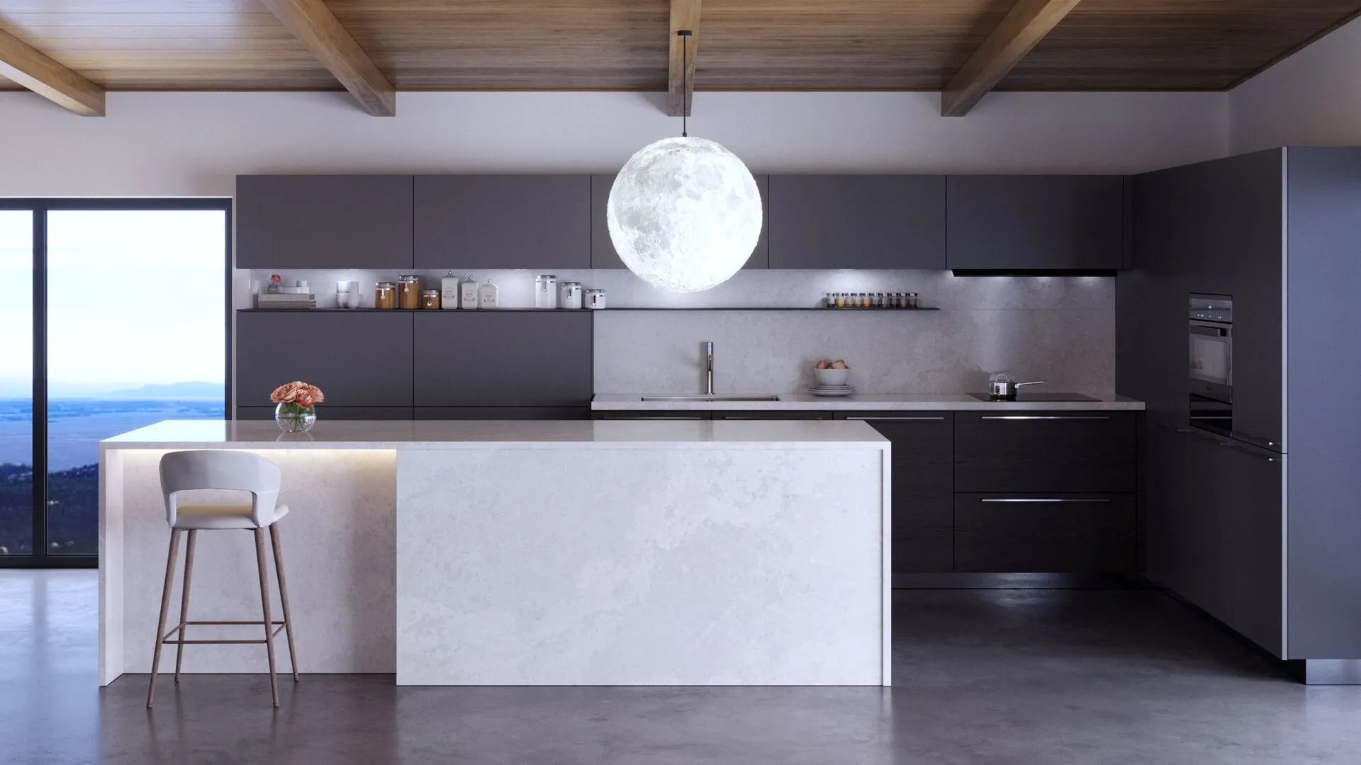 Image of installed Vicostone Olympus White Grey Quartz countertops