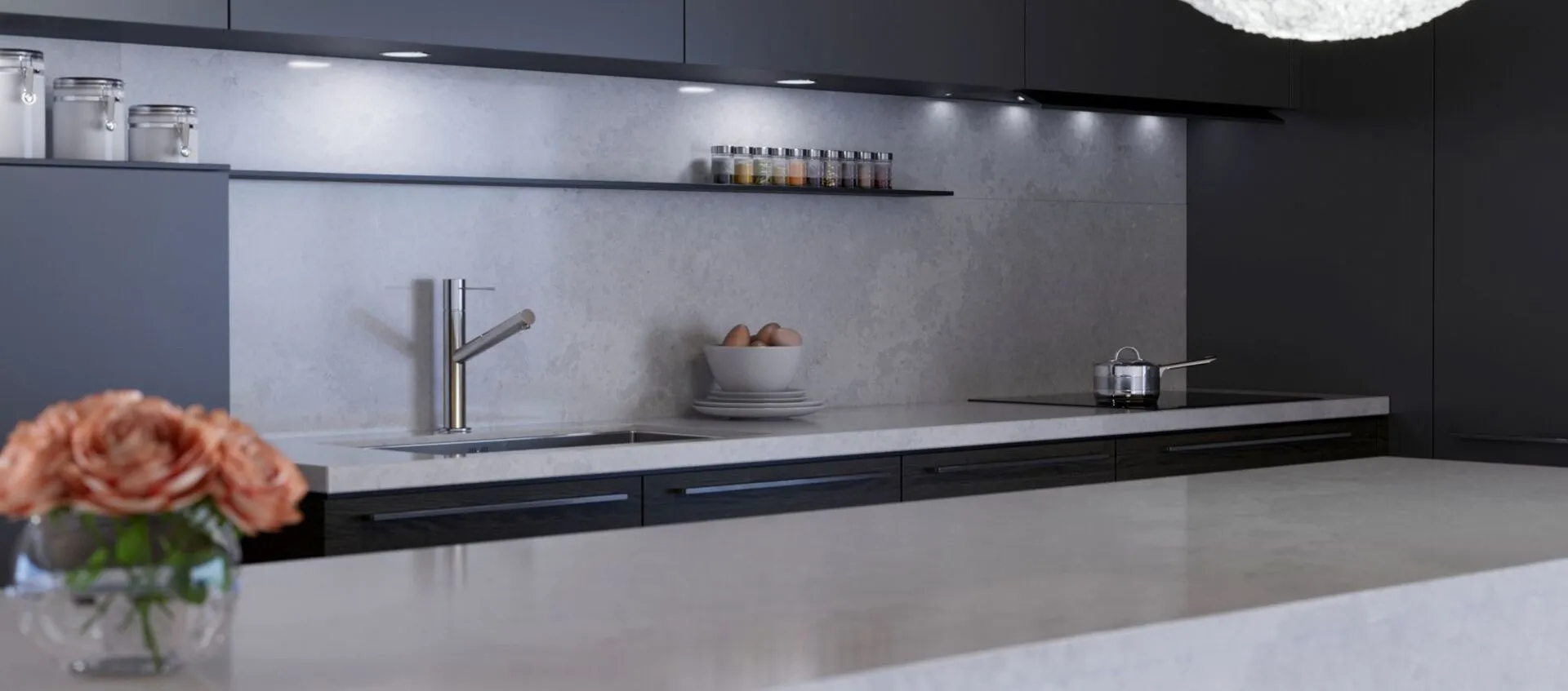 Image of installed Vicostone Olympus White Grey Quartz countertops