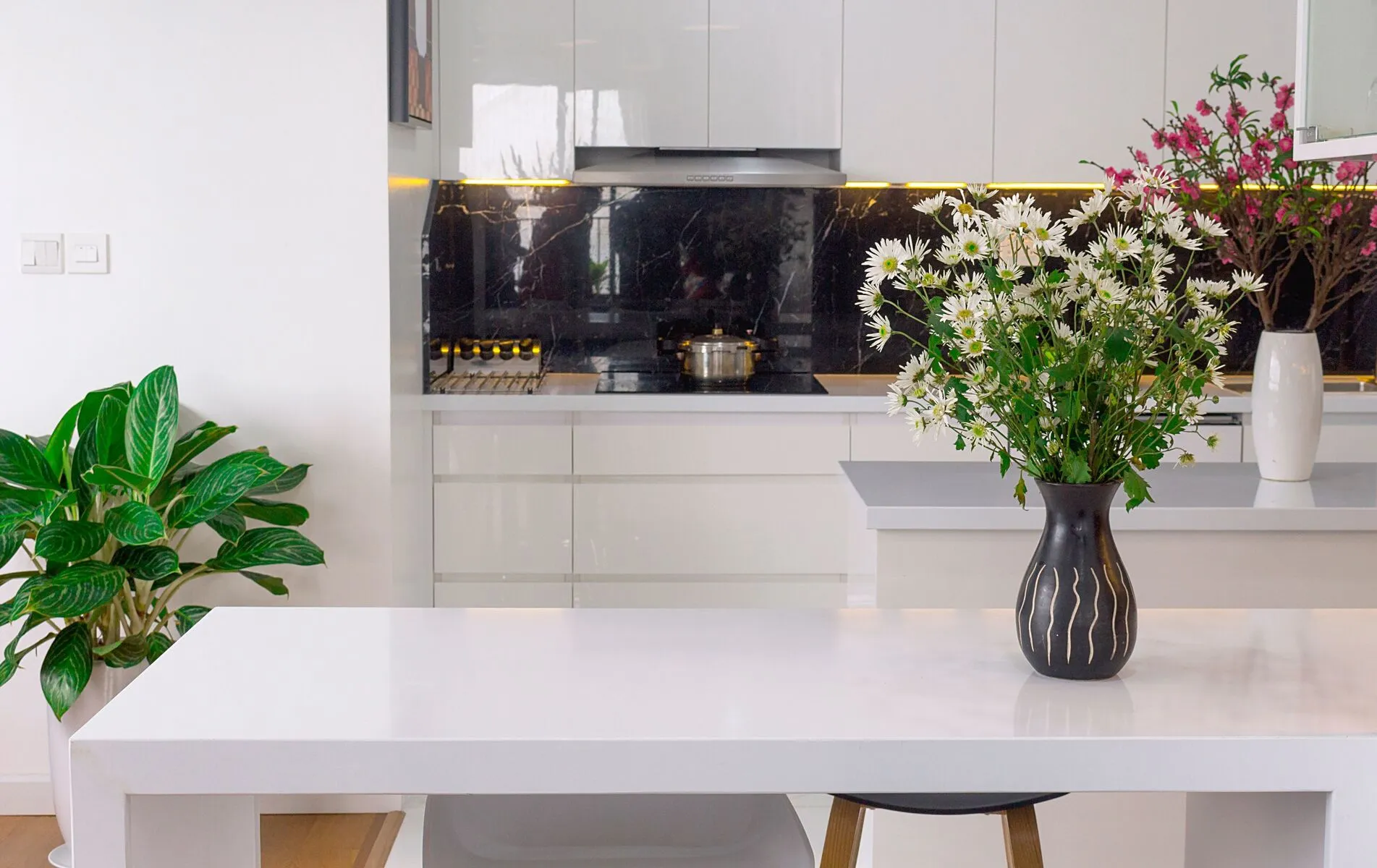 Image of installed Vicostone Super White Quartz countertops