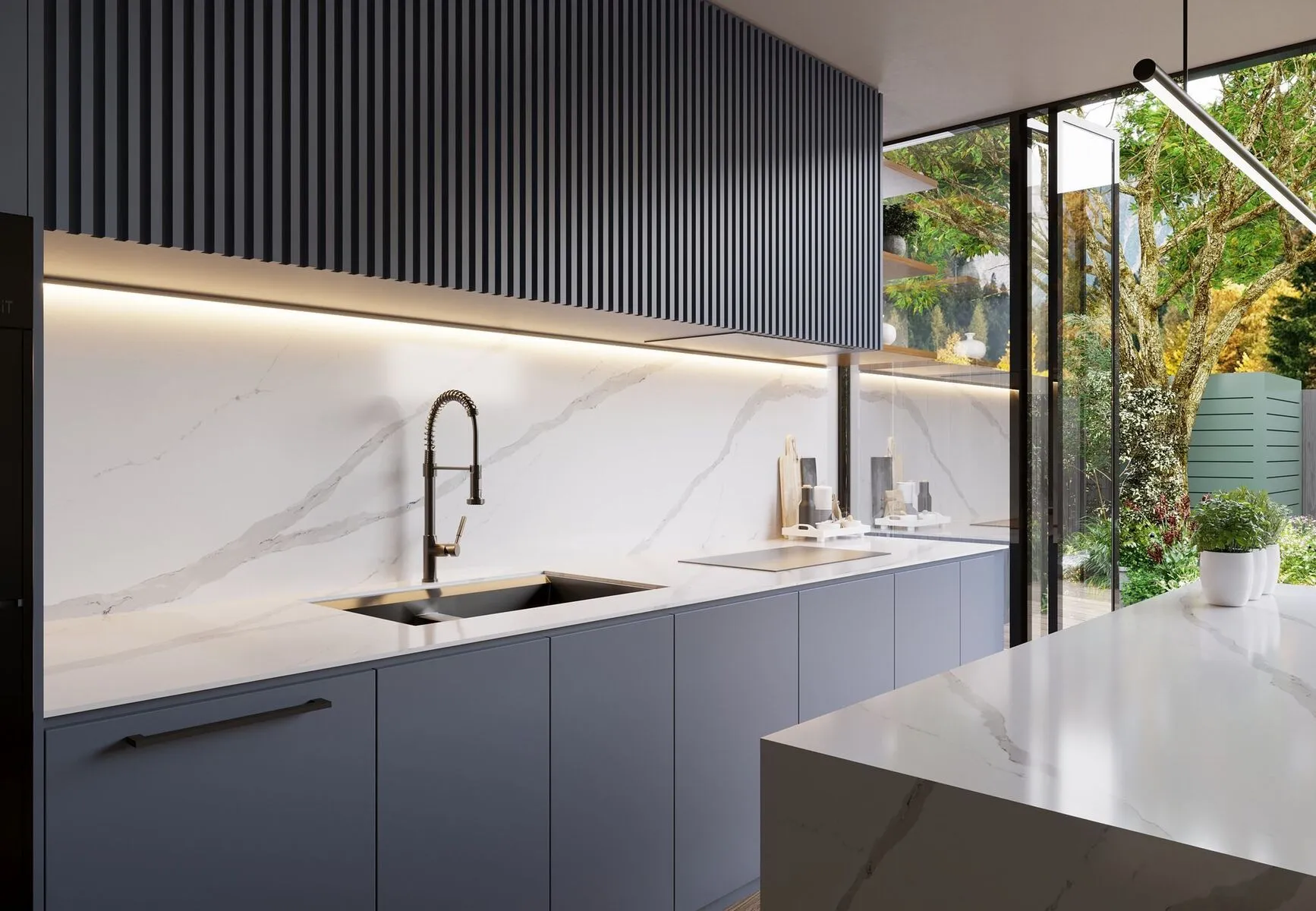 Image of installed Vicostone Arabescato Quartz countertops