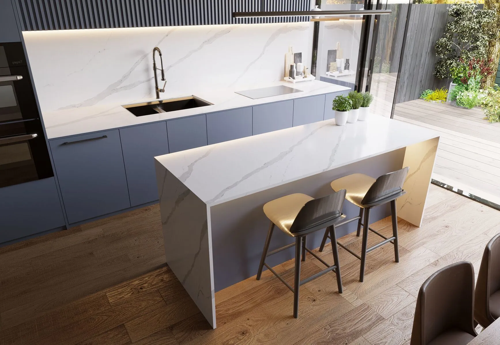 Image of installed Vicostone Arabescato Quartz countertops