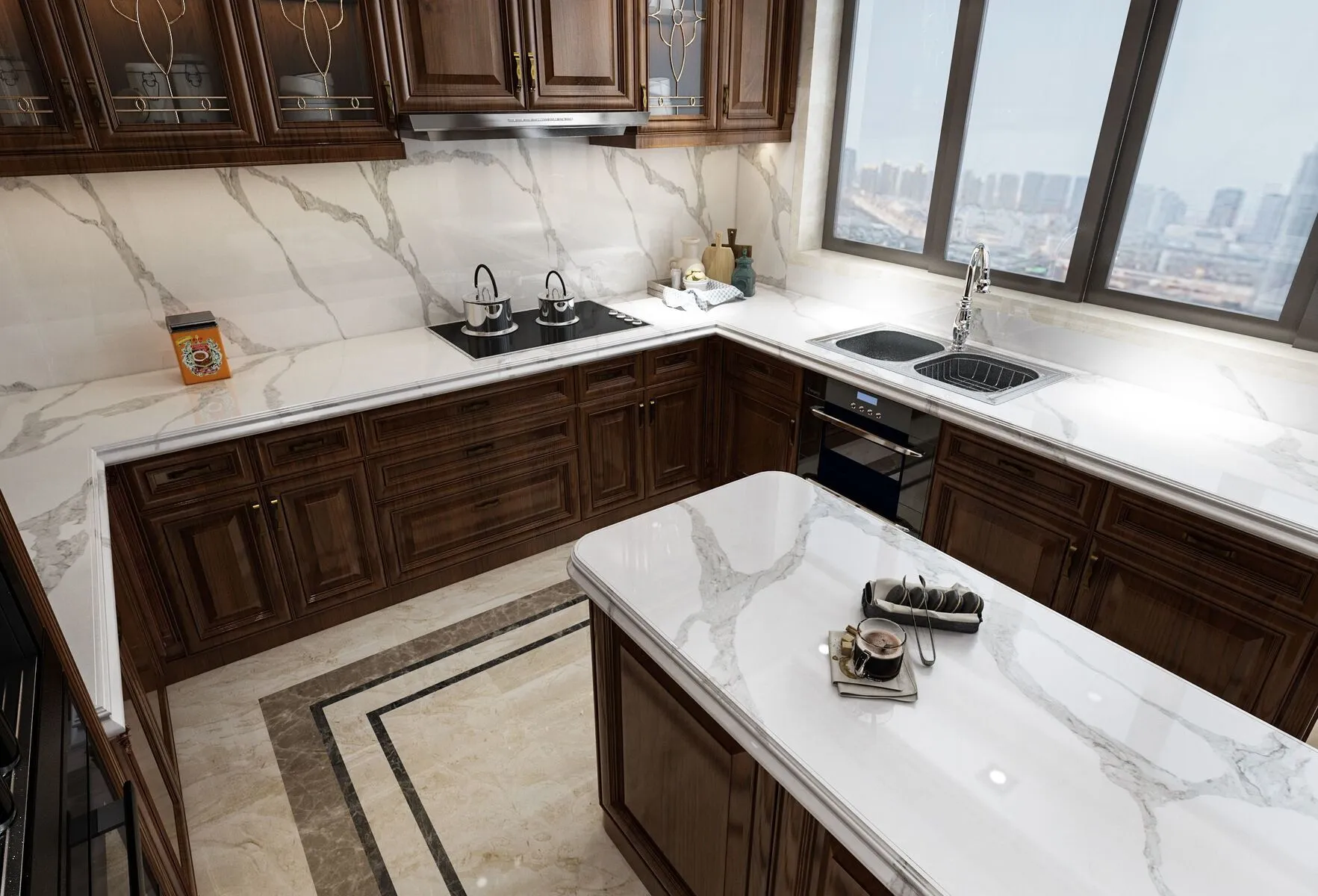 Image of installed Vicostone Forza Quartz countertops