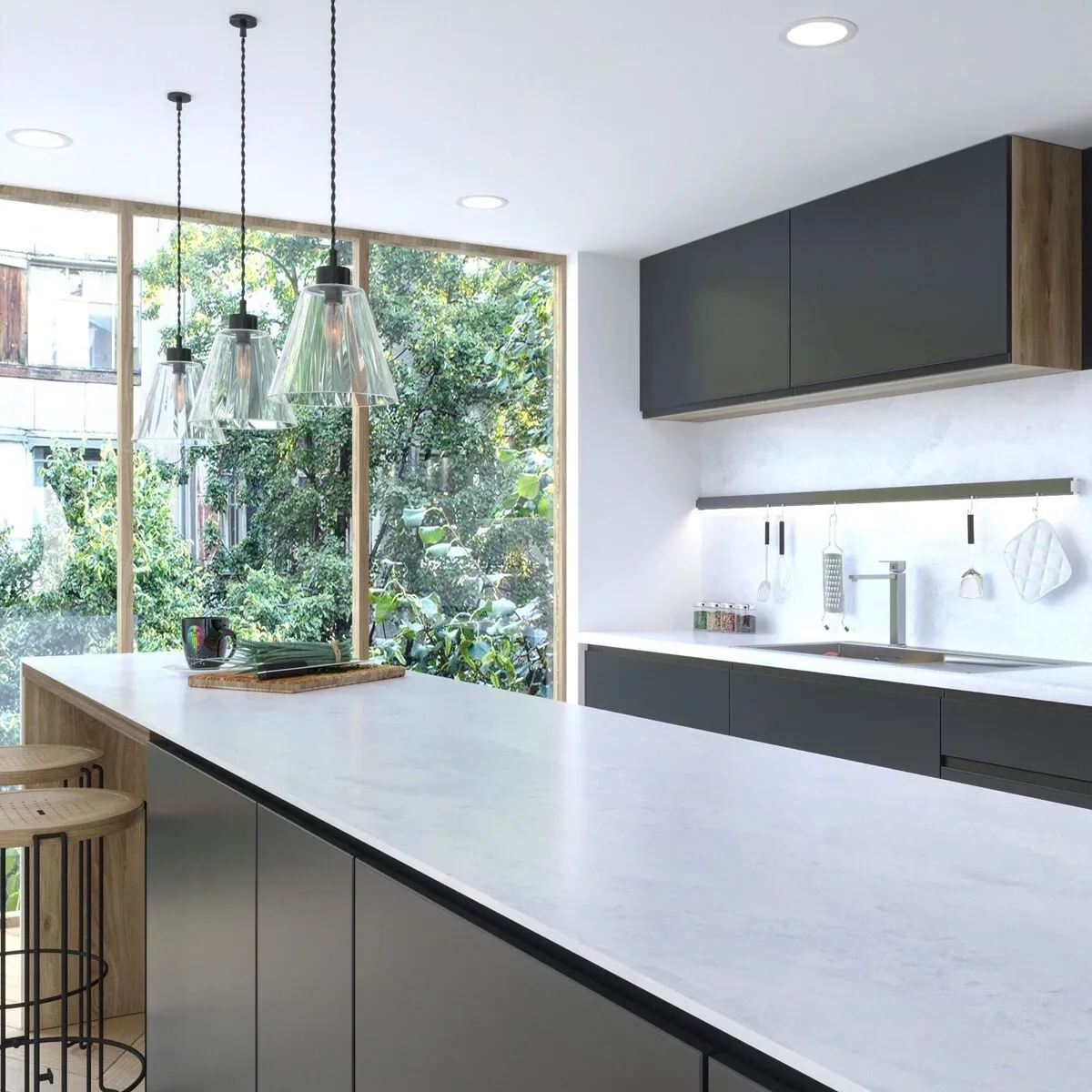 Image of installed Vicostone Luna Plena Grey Quartz countertops