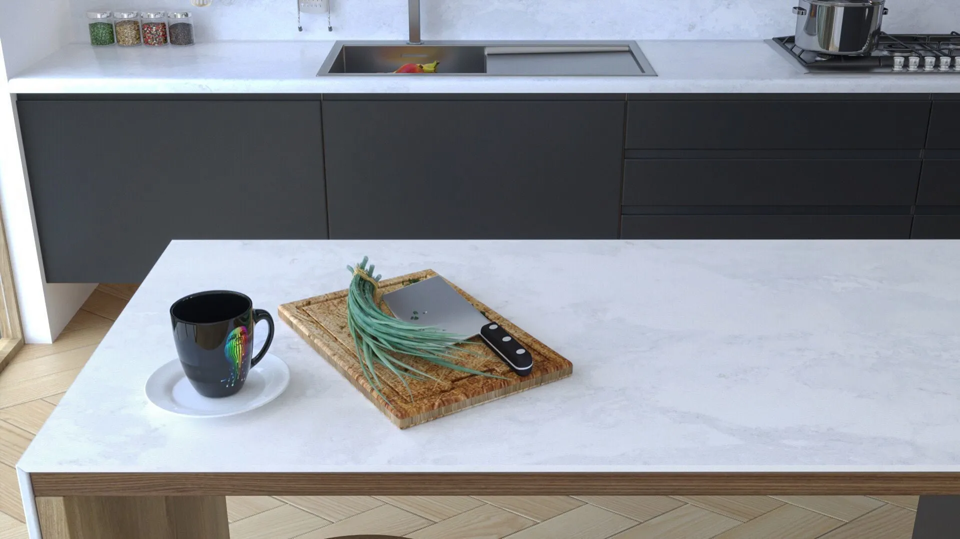 Image of installed Vicostone Luna Plena Grey Quartz countertops