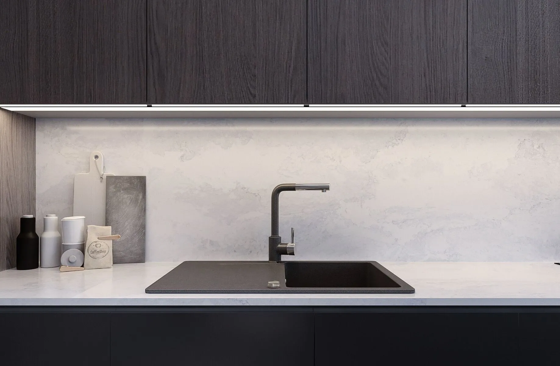 Image of installed Vicostone Luna Plena Grey Quartz countertops
