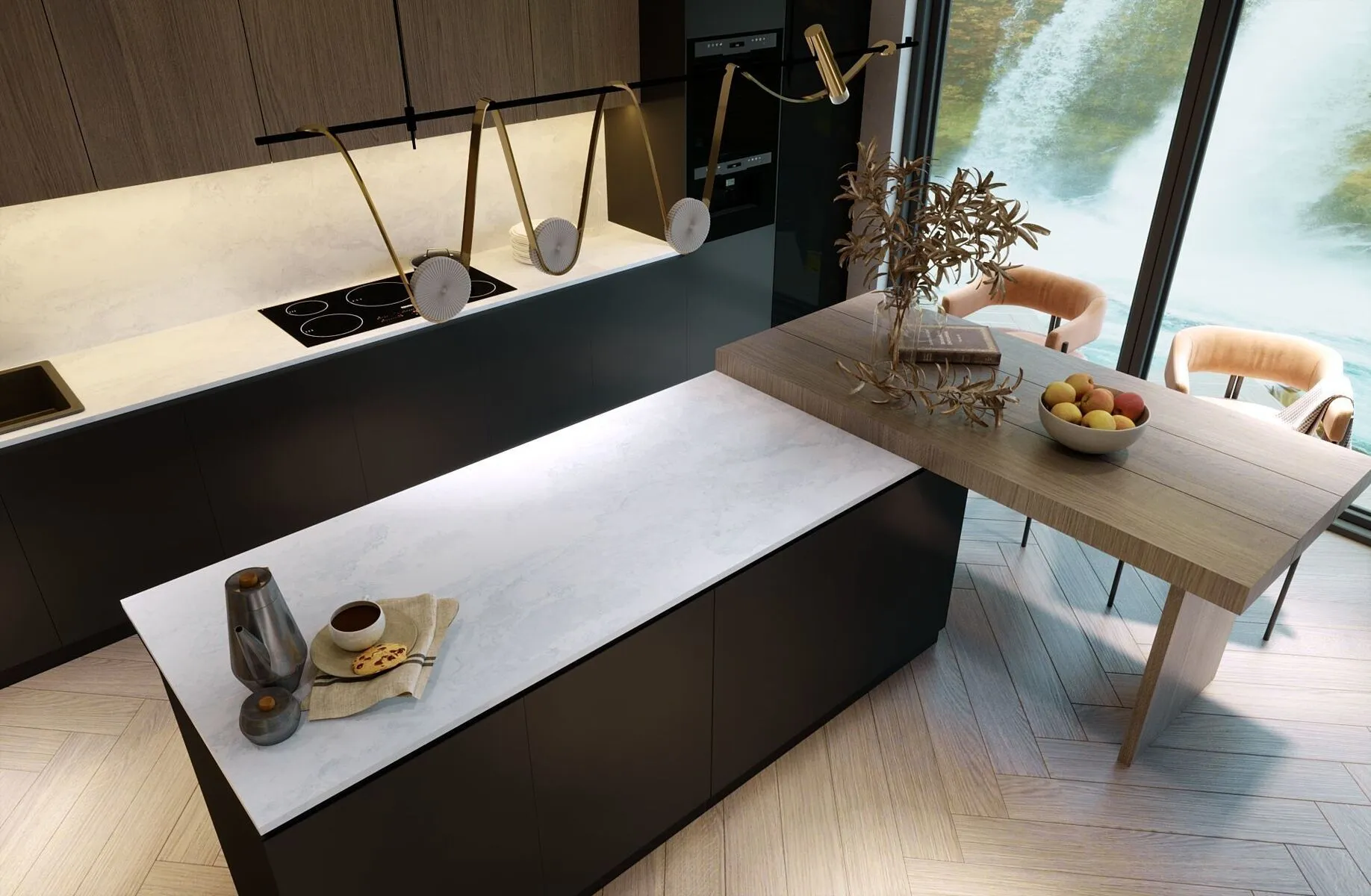 Image of installed Vicostone Luna Plena Grey Quartz countertops