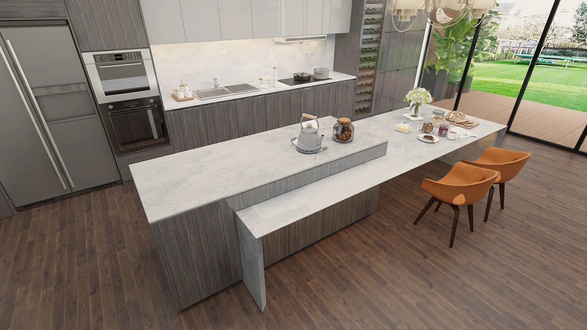 Image of installed Vicostone Luna Plena Grey Quartz countertops