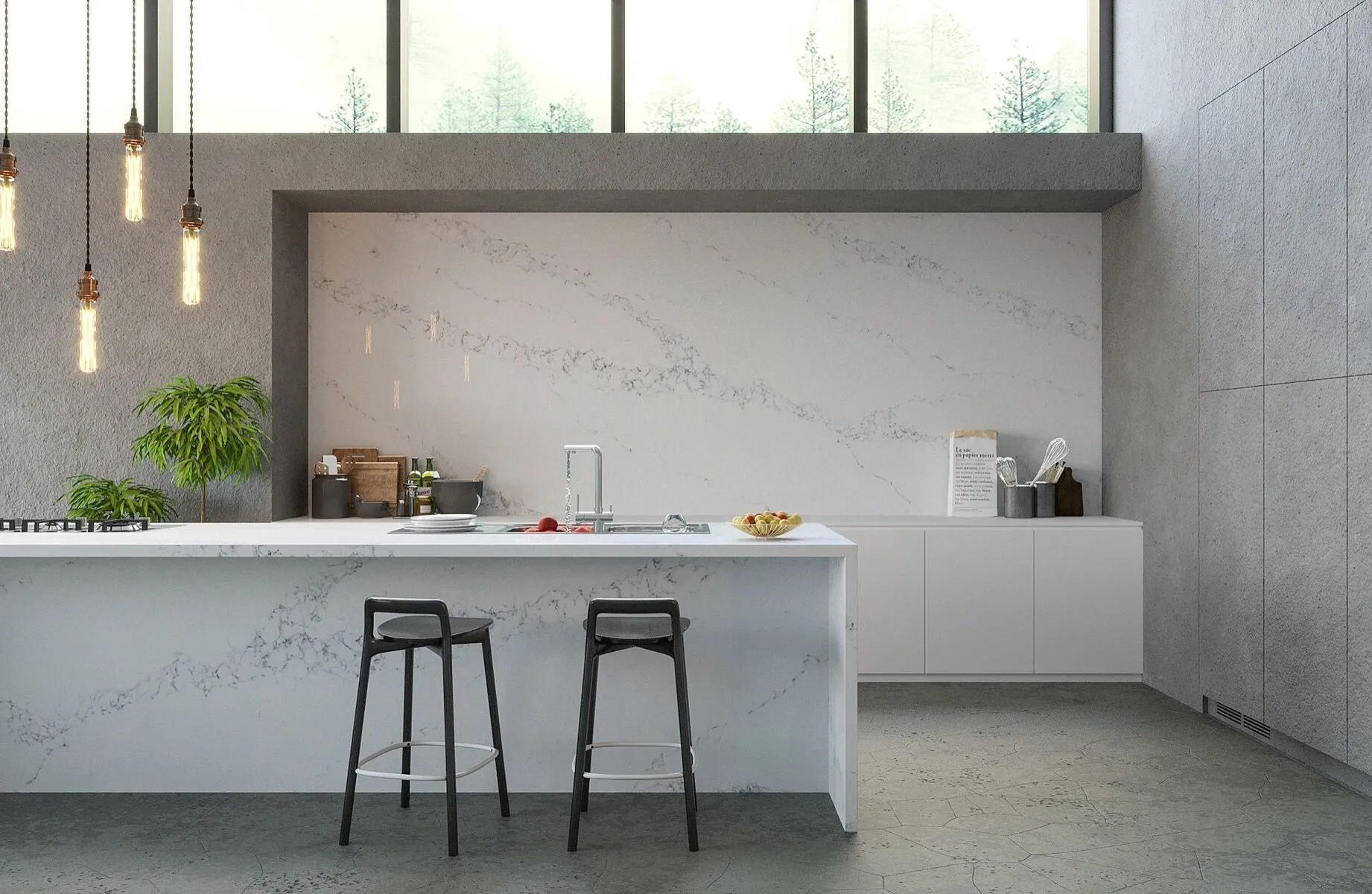Image of installed Vicostone Statuario Quartz countertops