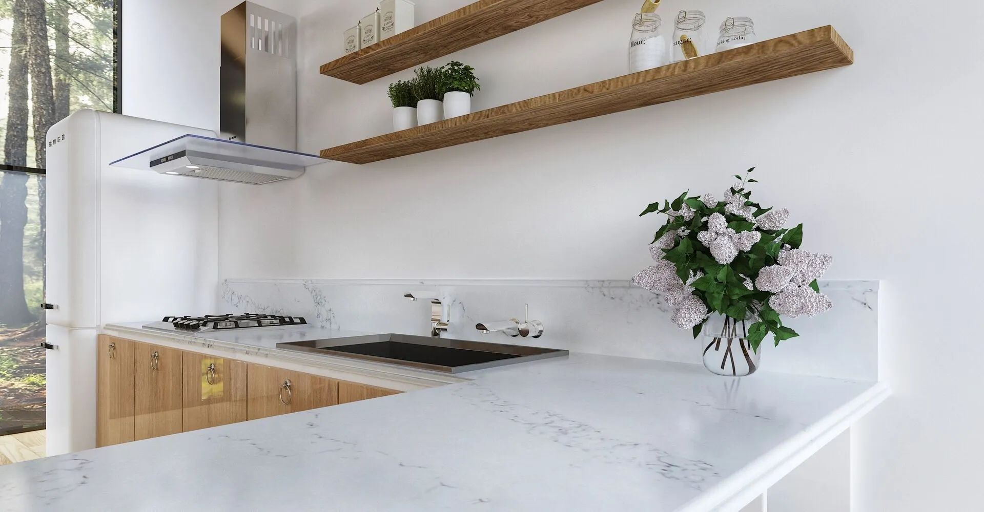 Image of installed Vicostone Statuario Quartz countertops