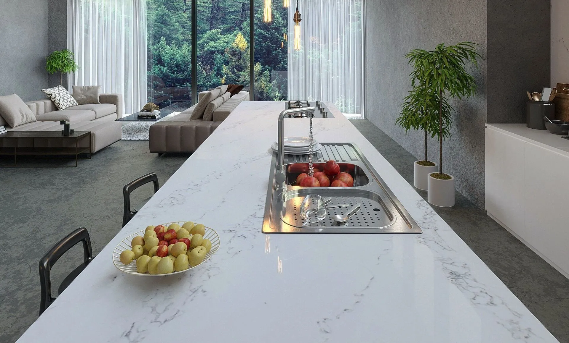 Image of installed Vicostone Statuario Quartz countertops